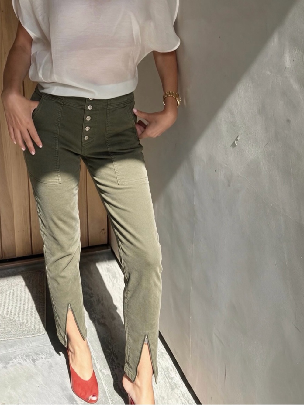 A.L.C. Olive Green Button-Fly Ankle Pants